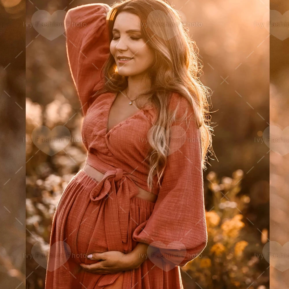 A. Linen Cotton Two Piece Boho Maternity Dress For Photo Shoots or Baby Showers
