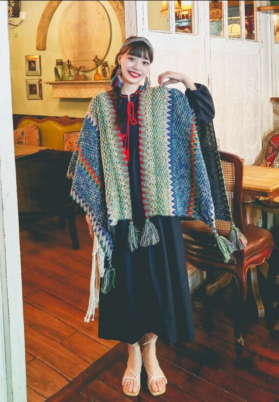 Winter Gypsy/ Boho Knitted Poncho Cloak with Tassels