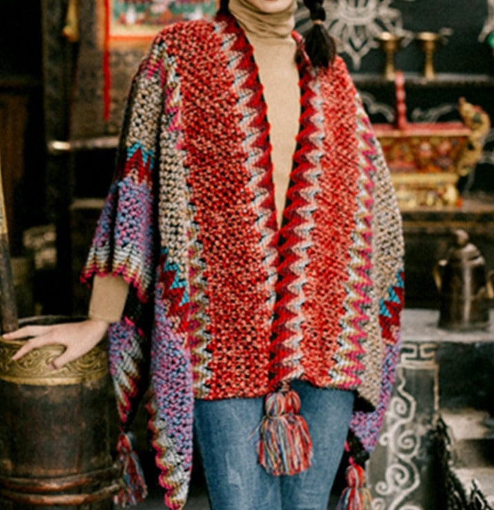 Winter Gypsy/ Boho Knitted Poncho Cloak with Tassels