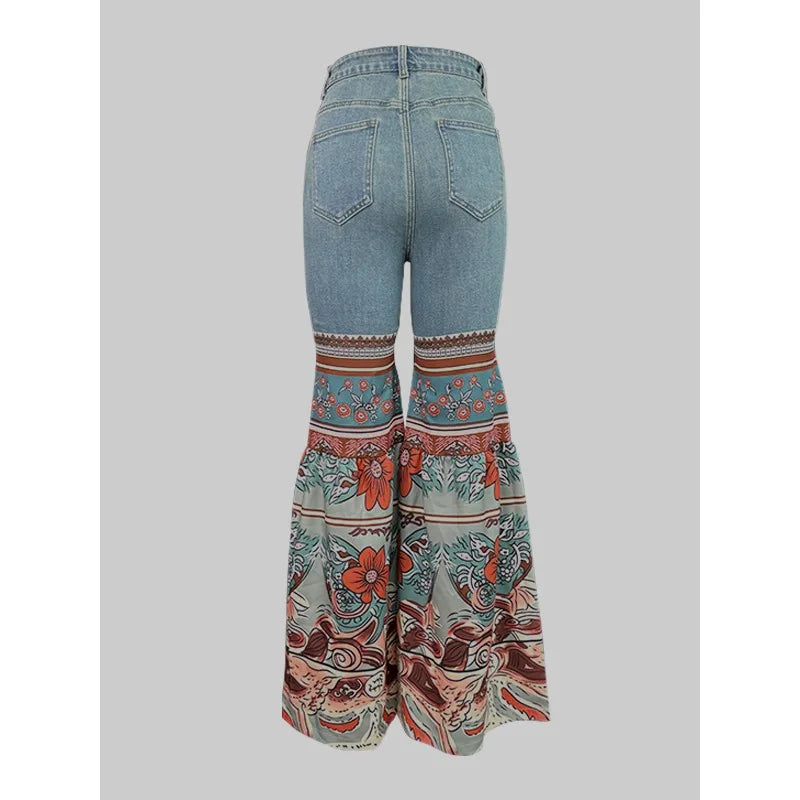 Vintage Boho Blue Jeans with Floral Printed Flare Bottoms and Pockets