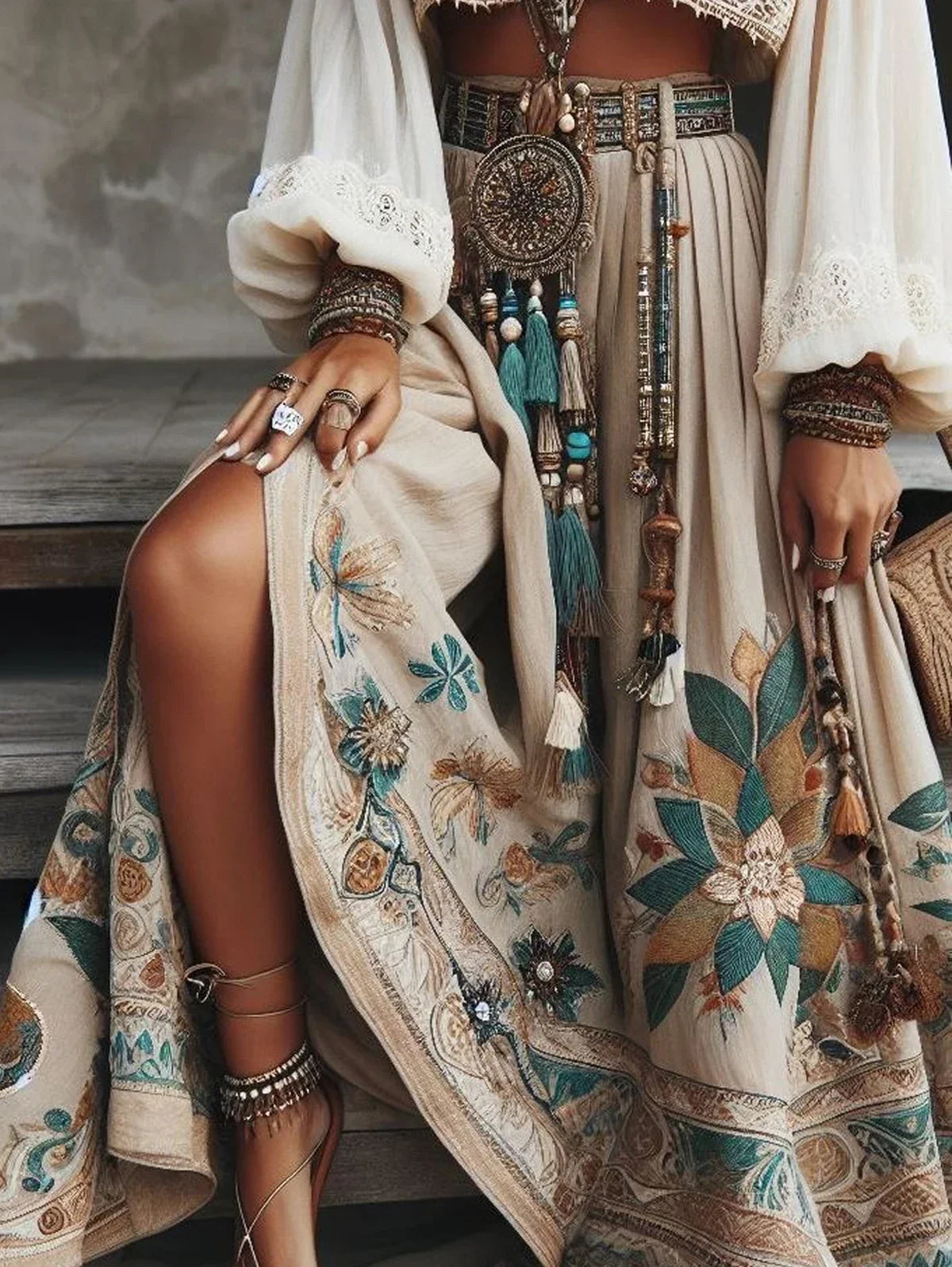 A. Vintage Bohemian Women's Skirt Casual Harajuku Style Floral Printed Cascading Hem, High Waist, Pleated Maxi Skirts