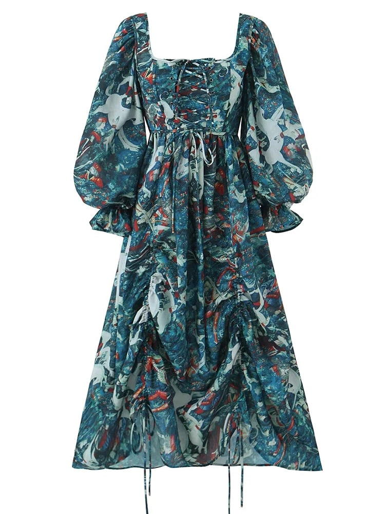 Gypsy/ Boho Floral Printed Maxi Dress with Green Ruffles and Puff Sleeves