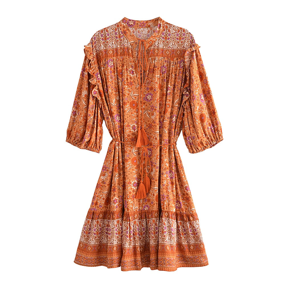 A. Boho Orange Floral Printed Mini Dress with Lantern Sleeve and Tassel