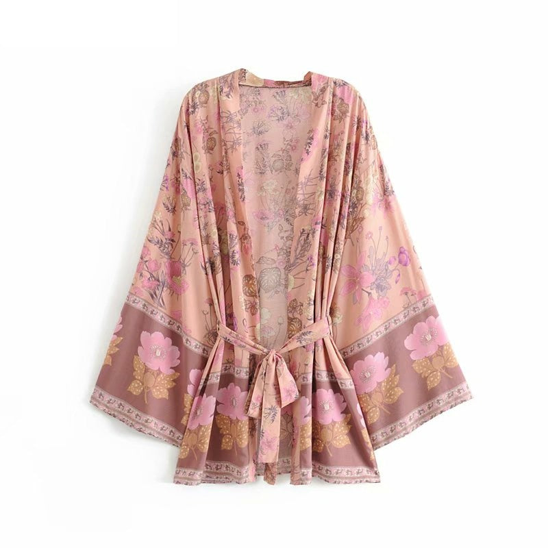 Bohemian Kimono Dresses with Floral Print Sashes Batwing Sleeves and V-Neck (Summer Bikini Boho Cover-ups)