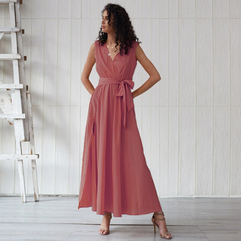 Boho V-Neck Sleeveless Lace Up Long Beach Style Maxi Dress with Split