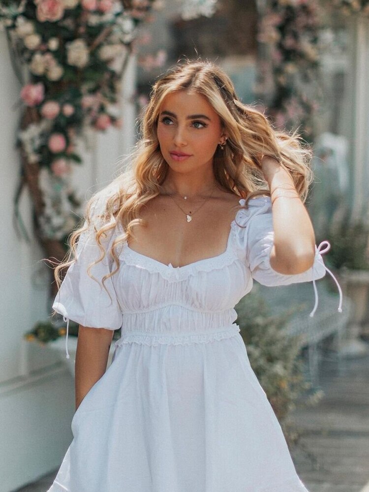 Gypsy White Smocked Mini Dress On or Off The Shoulder Puff Sleeves with Ruffles