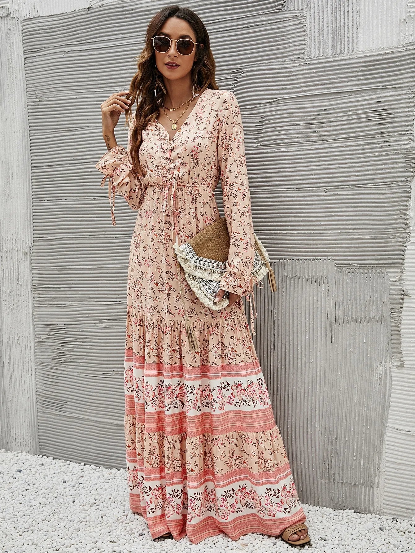 Boho Floral Lace Up Ruffled Hem Sundress with Long Sleeves