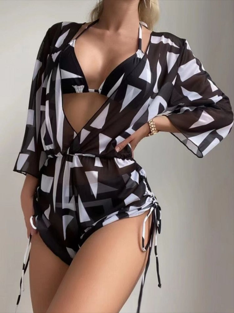 Women's 3 Piece Triangle Bikini Swimsuit Set, Halter Push Up Top and Long Sleeve Cover Up Dress with Thong Bottoms