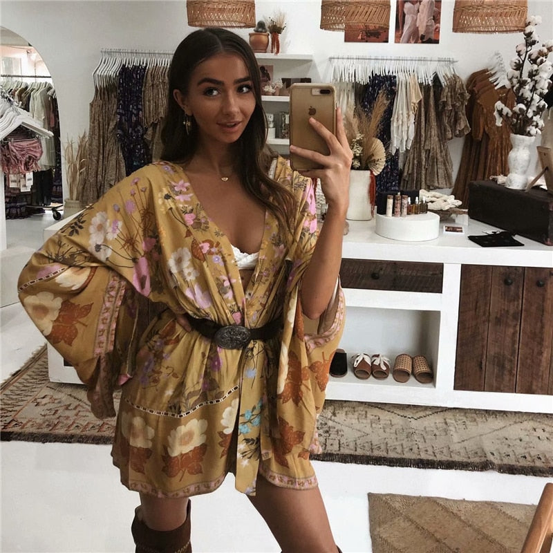 Bohemian Kimono Dresses with Floral Print Sashes Batwing Sleeves and V-Neck (Summer Bikini Boho Cover-ups)