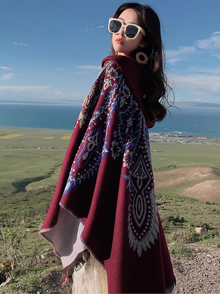 Winter Gypsy/ Boho Knitted Poncho Cape with Hood