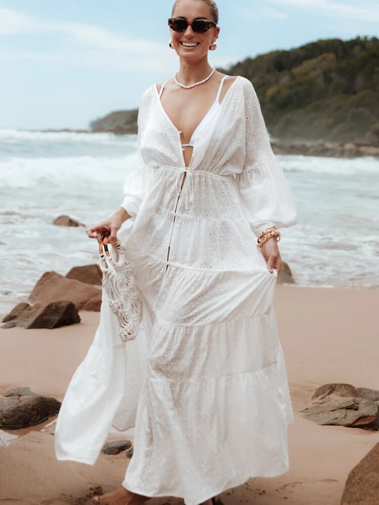 Gypsy/ Boho White Embroidered Cotton Maxi Dress with V-neck and Long Sleeves