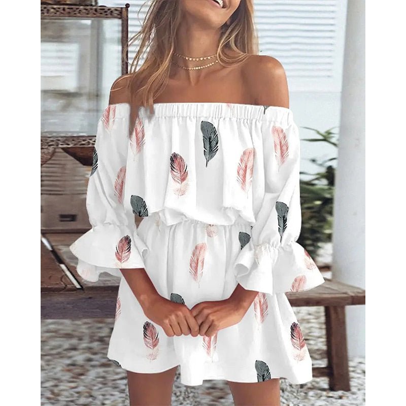 Boho Off The Shoulder Floral, Lace-Up Tunic Style Dress with Flare Batwing Sleeve