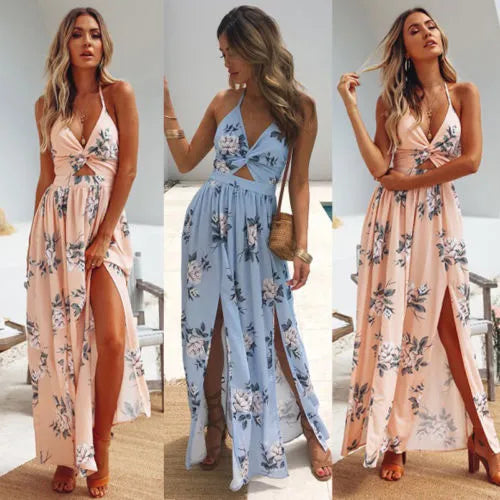 Bohemian Floral Sleeveless Summer Maxi Dress with Split and Halter Tie-Up