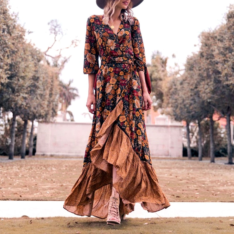 Gypsy/ Boho Floral Vintage Maxi Dress with Long Sleeves and Ruffles