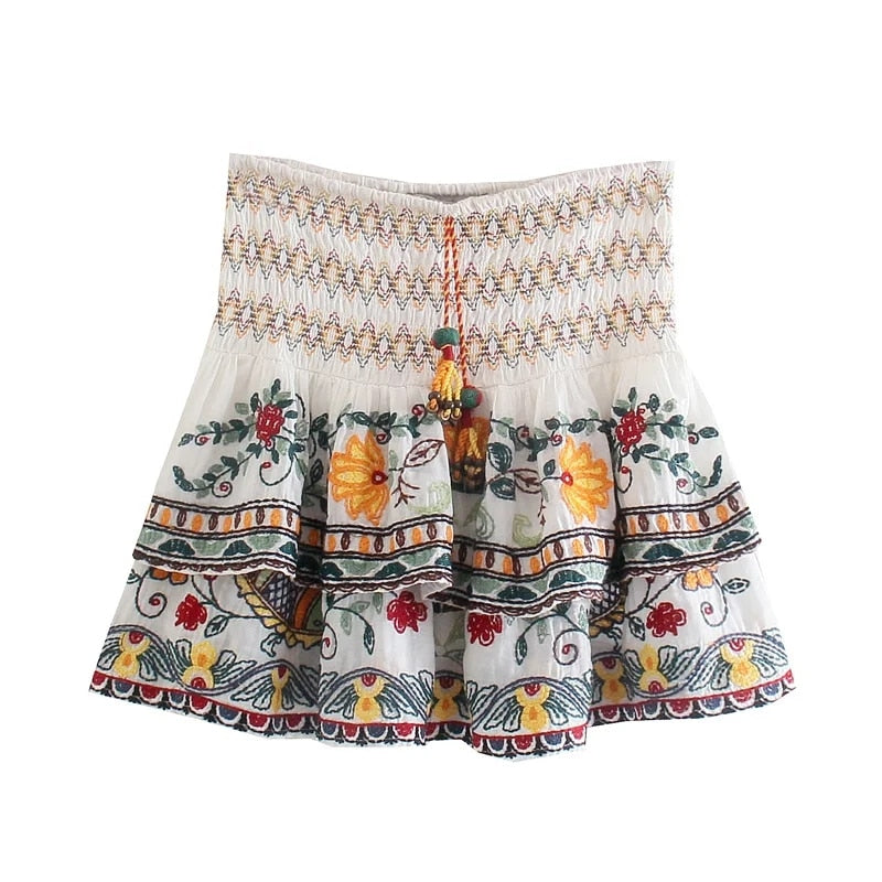 Gypsy Embroidered Paisley Printed Skirt and Blouse Sets with Batwing Sleeve and V-Neck Button Tiered Mini Skirt