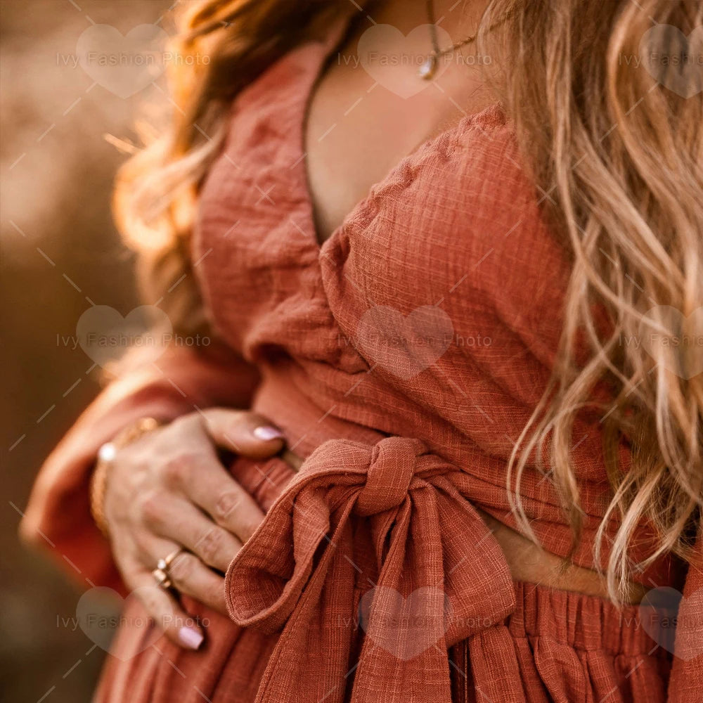 A. Linen Cotton Two Piece Boho Maternity Dress For Photo Shoots or Baby Showers