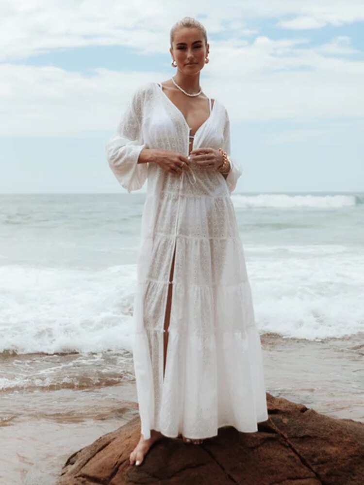 Gypsy/ Boho White Embroidered Cotton Maxi Dress with V-neck and Long Sleeves