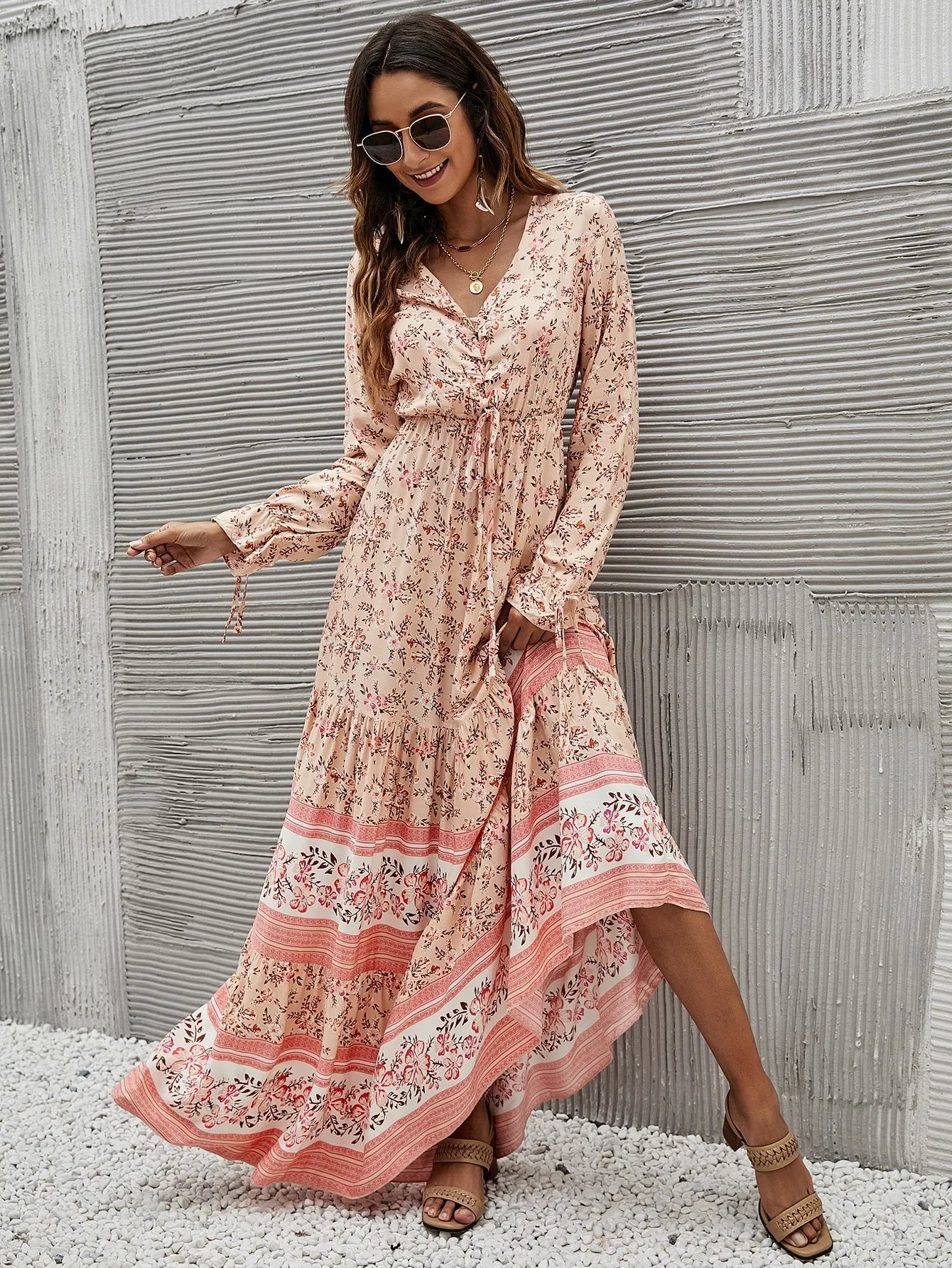 Boho Floral Lace Up Ruffled Hem Sundress with Long Sleeves