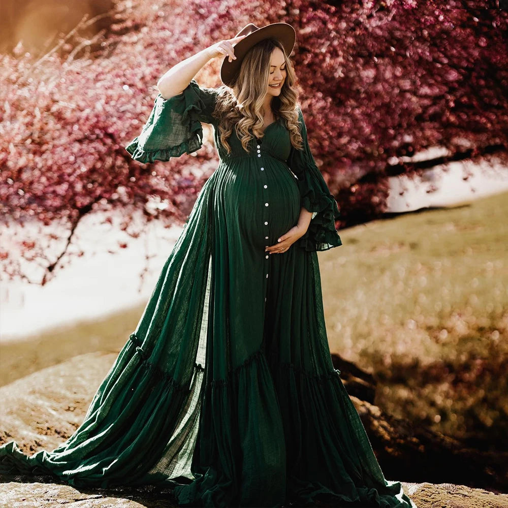 A. Linen Cotton Floor Mopping Bohemian Maternity Dress With Hem Flounce Edges. Photography or Baby Shower Dress