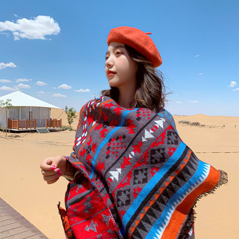 Winter Gypsy/Bohemian Floral Knitted Poncho with Tassels