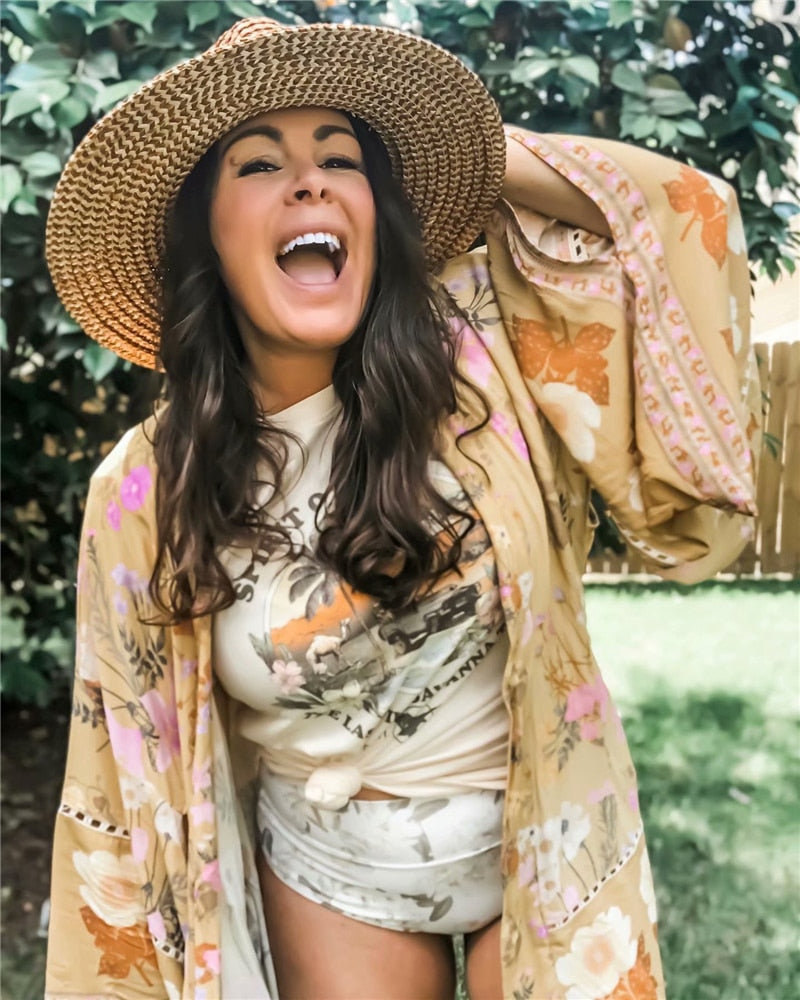 Bohemian Kimono Dresses with Floral Print Sashes Batwing Sleeves and V-Neck (Summer Bikini Boho Cover-ups)
