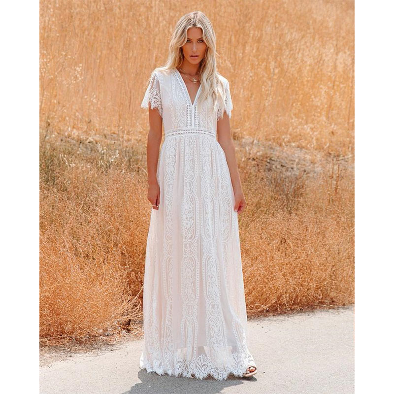 Bohemian Maxi Dress with Short Sleeves and Loose Deep V-Neck