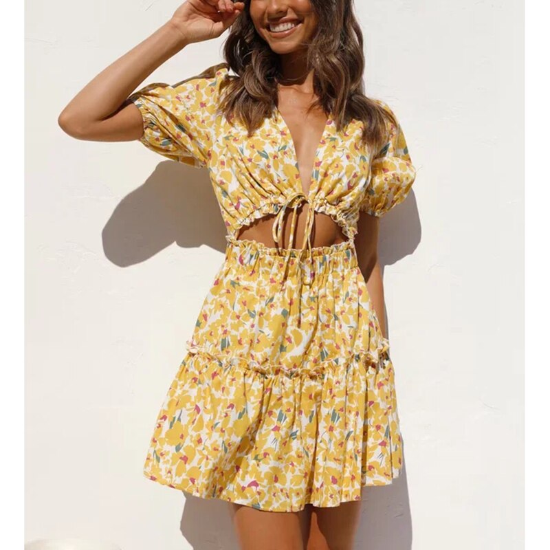 Gypsy Floral Printed Mini Dress with Deep V-Neck and Puff Sleeve