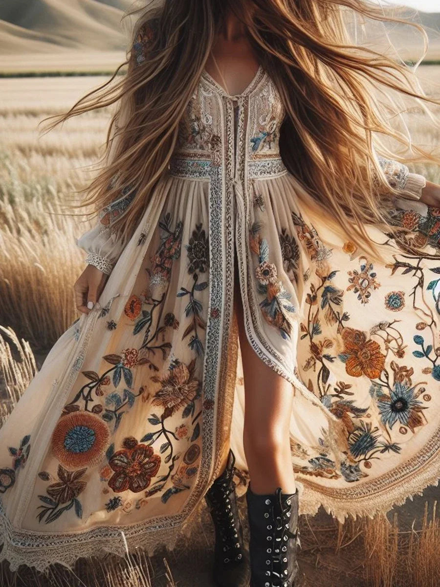 Bohemian Lace Patchwork, Floral Pattern Print V-Neck With Long Sleeves