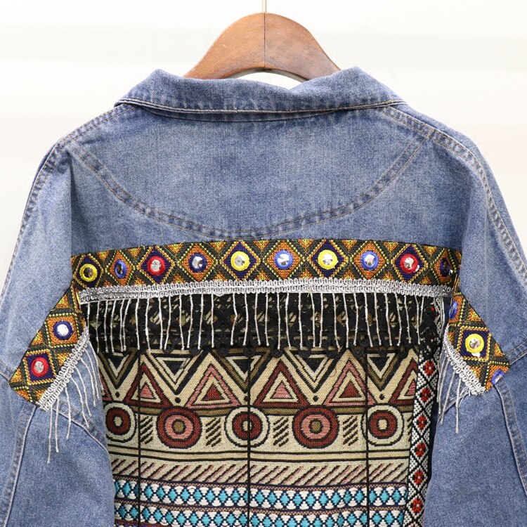 Winter Gypsy/Boho Floral Embroidered Denim Jacket with Embellishments and Tassels