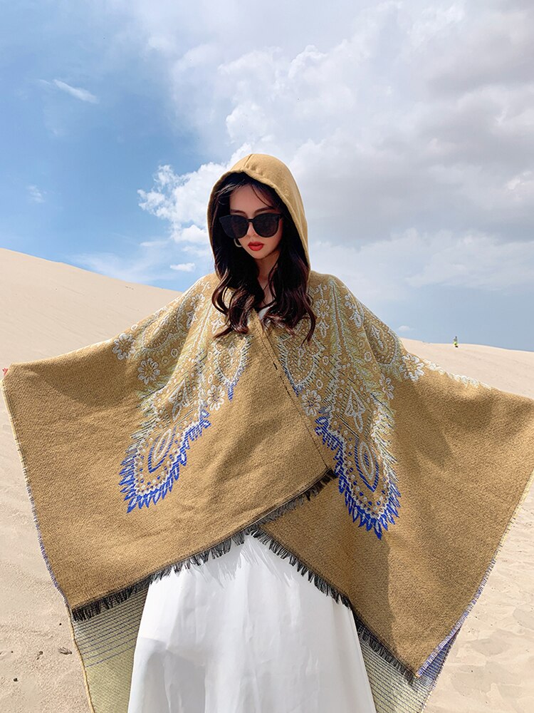 Winter Gypsy/ Boho Knitted Poncho Cape with Hood