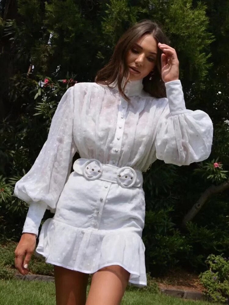 Gypsy/ Vintage Cotton White Mini Dress with Lantern Sleeves and Double Belt