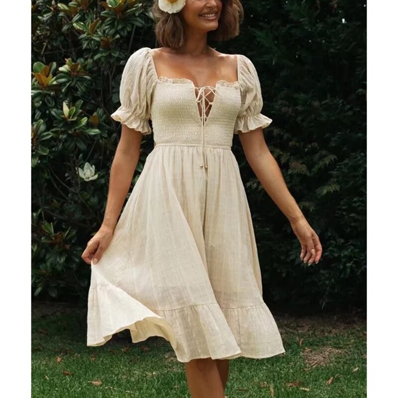 Gypsy/ Vintage Hemp Midi Dress with Bow-Tie-Up Backless and Elastic Vintage Lace-Up Front with Puff Sleeves