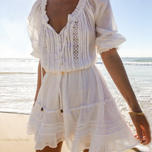 Boho Cotton Mini Dress with Embroidery and Ruffles.