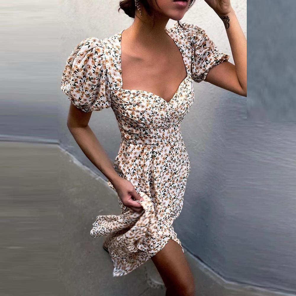 Boho Summer Puff Sleeve Sundress with V-neck and Elegant Side Split