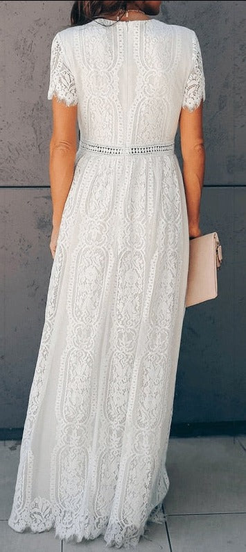 Vintage Women Maxi Dress Short Sleeve White Lace Long Tunic Beach Style
