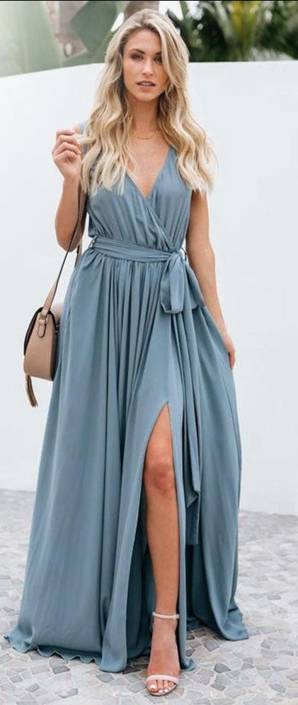 Summer Elegant Party Dress with High Side Slit and Deep V-Neck