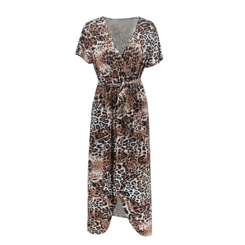 Bohemian Women's Long Summer Dress in Leopard Print and Short Sleeves