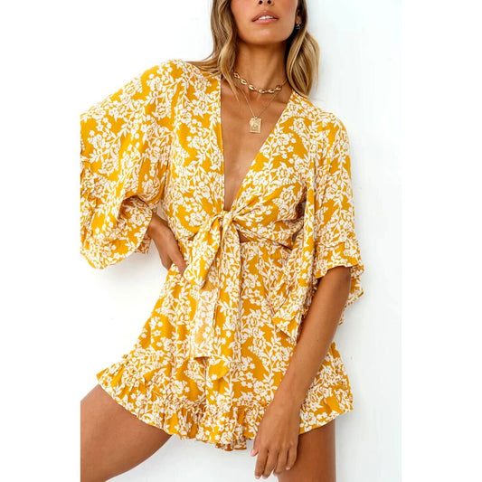 Gypsy/ Boho Floral Printed Mini Dress with Deep V-Neck, Bow and Ruffles