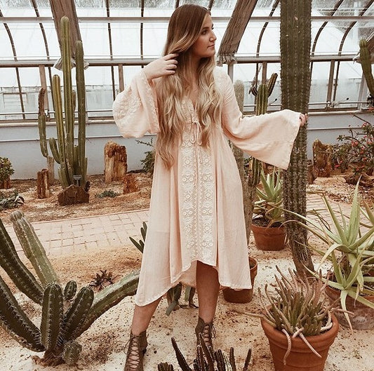 Boho/ Vintage Tunic Style Long Sleeve Dress with Floral Embroidered Cotton and Asymmetric Robe