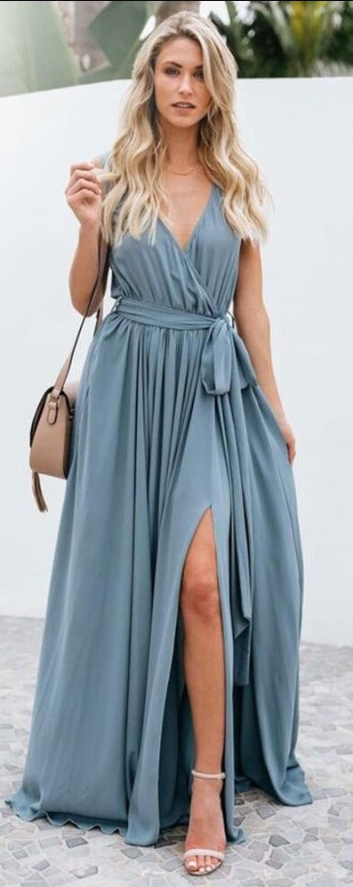 Summer Elegant Party Dress with High Side Slit and Deep V-Neck