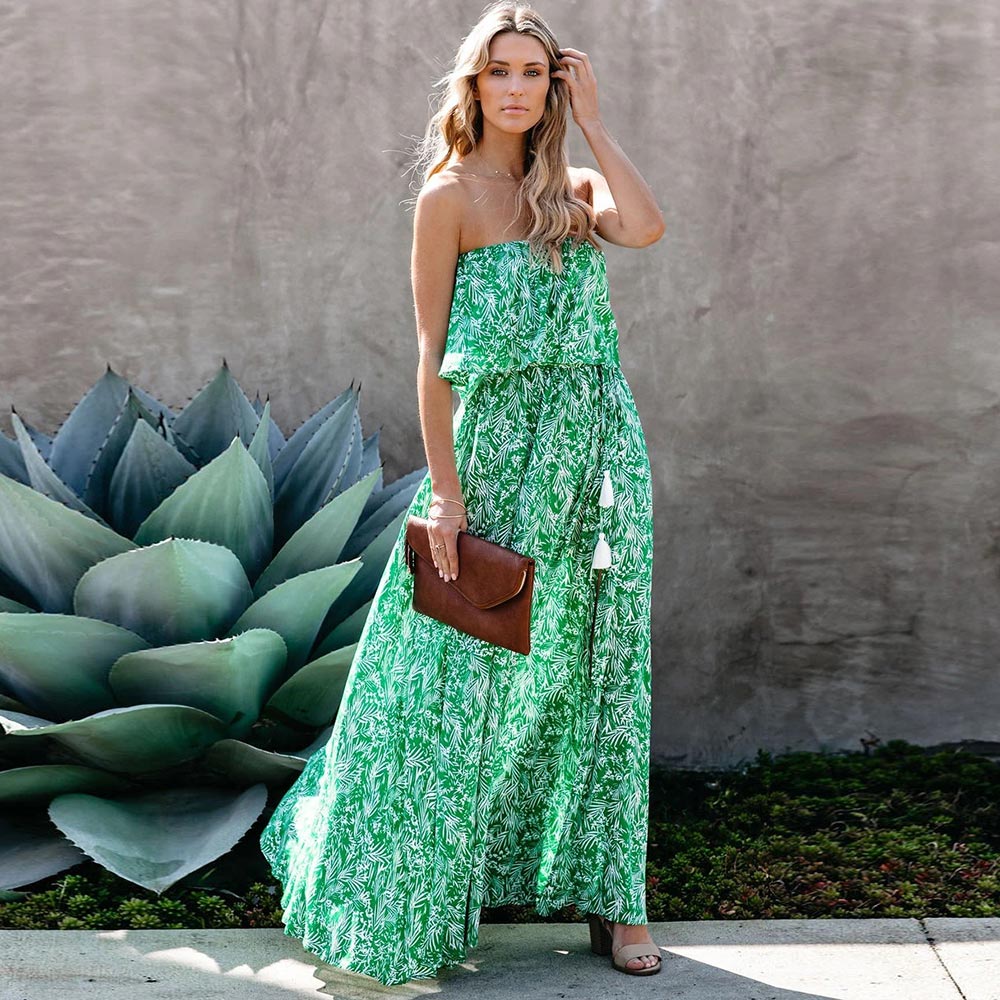 A. Bohemian Strapless Summer Dress with Ruffles & Side Split