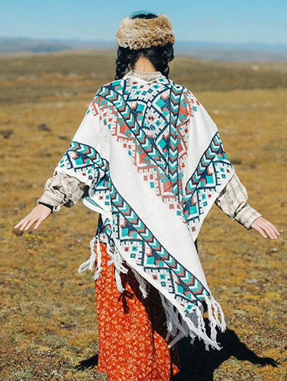 Winter Tribal Printed Gypsy/ Boho Knitted Poncho Cape with Tassels