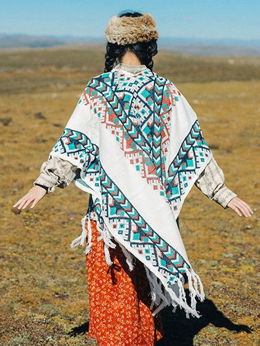 Winter Tribal Printed Gypsy/ Boho Knitted Poncho Cape with Tassels