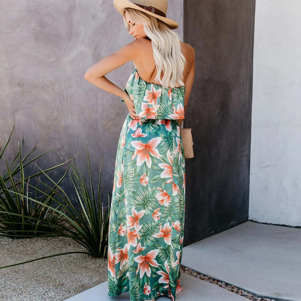 Boho Tropical Rainforest Printed Off The Shoulder Sundress with Side Split