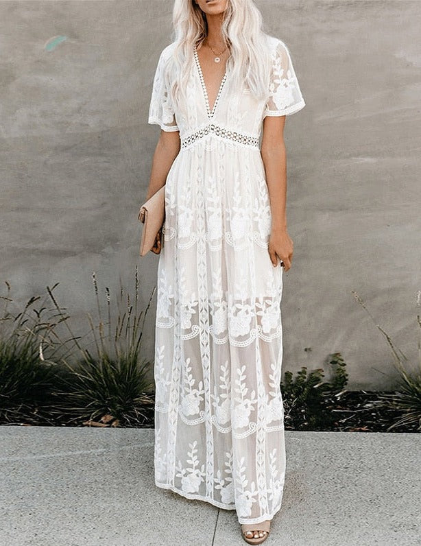 Boho Women Maxi Dress with Loose Embroidery and White Lace