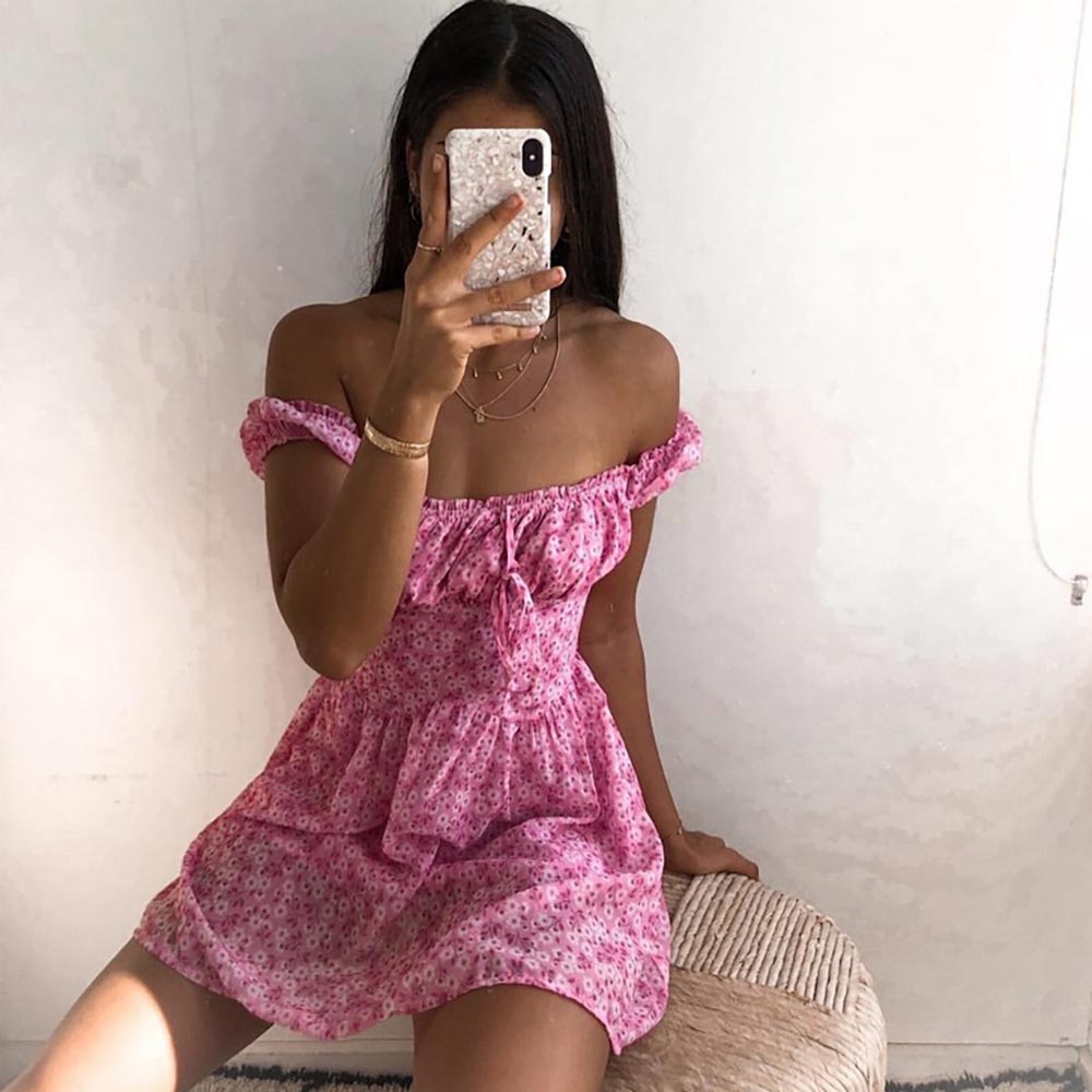 Boho Short Sleeve Floral Dress, Sexy Off Shoulder Summer Beach Mini