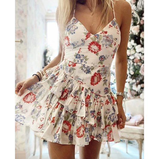 Boho Floral Print Mini Dress with Spaghetti Straps, V-neck and Tiered Ruffles