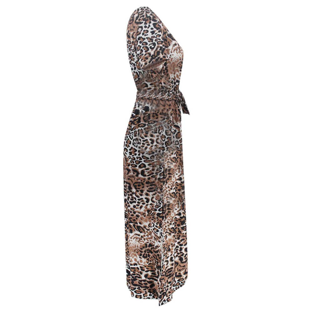 Bohemian Women's Long Summer Dress in Leopard Print and Short Sleeves