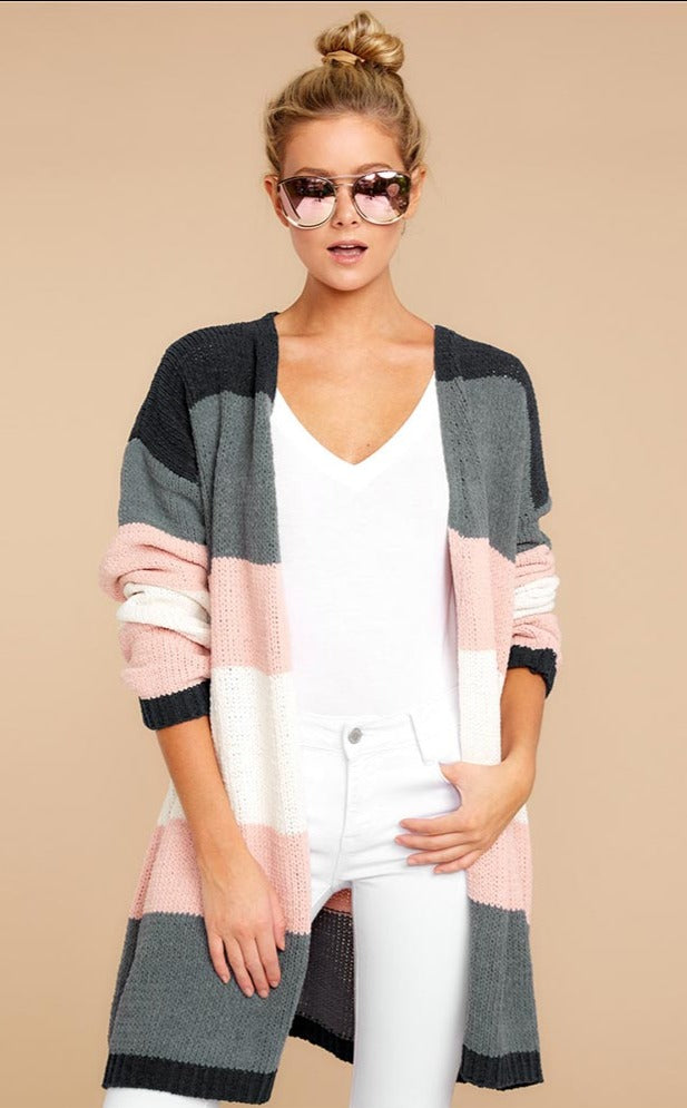 Winter Knitted Patchwork Rainbow Stripe Cardigan with Long Sleeves and Open Front