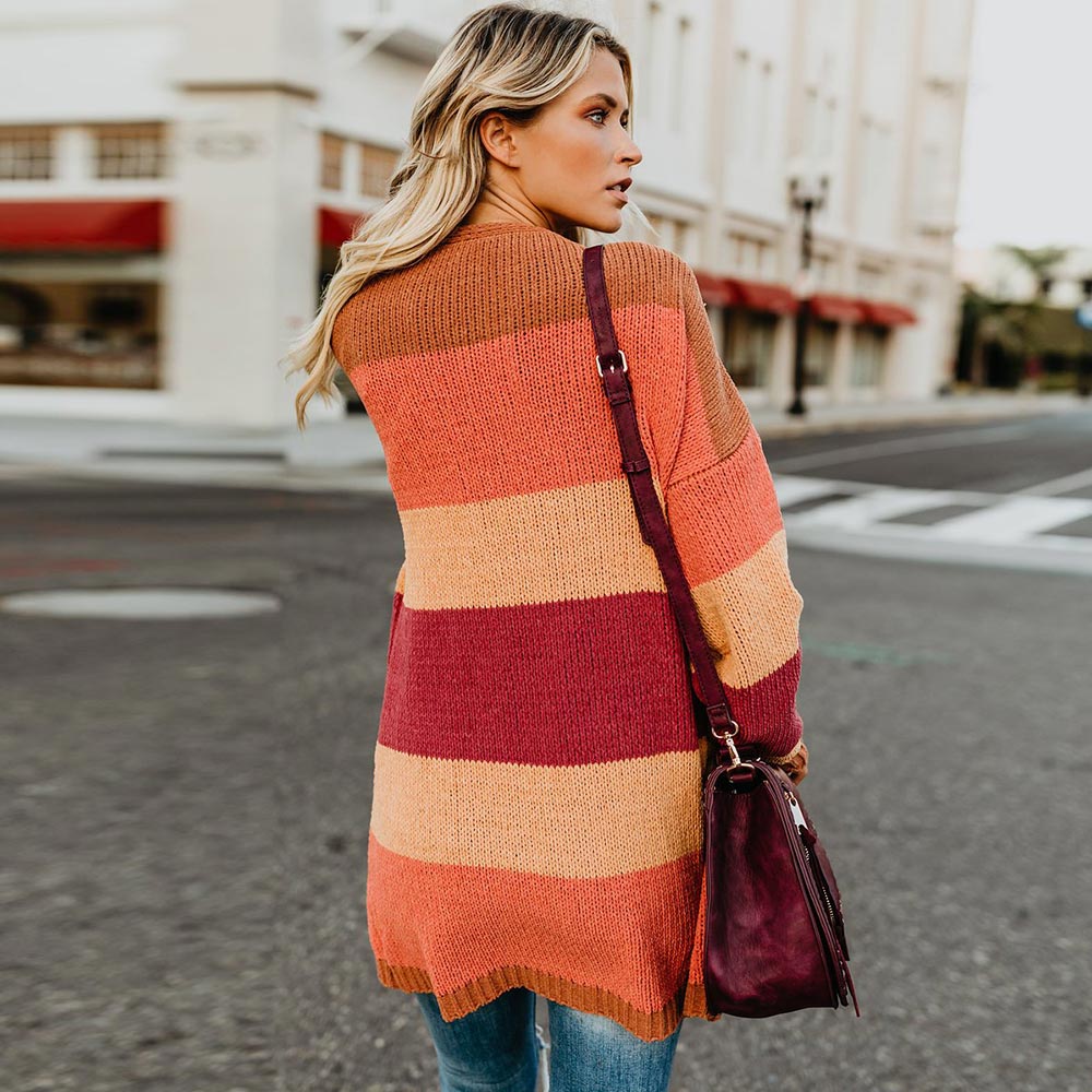Winter Knitted Patchwork Rainbow Stripe Cardigan with Long Sleeves and Open Front